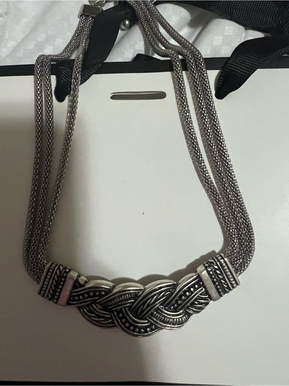 Chico’s Silver Tone Multi-Strand Mesh & Braided Knot Statement Necklace